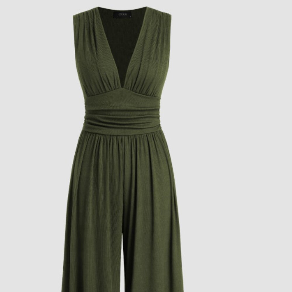 Cider V-neck Ruched Solid Wide Leg Jumpsuit